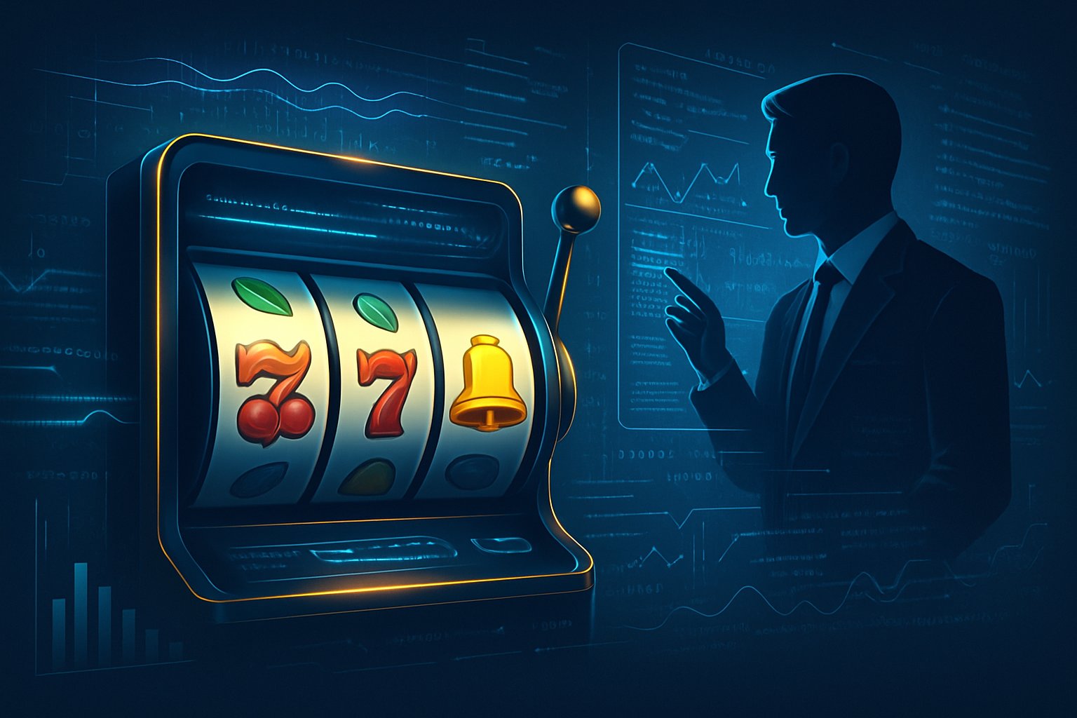 Ilustrasi mesin slot digital dengan simbol klasik dan elemen holografik di sekitarnya, serta sosok seseorang yang sedang menganalisis data di layar transparan.