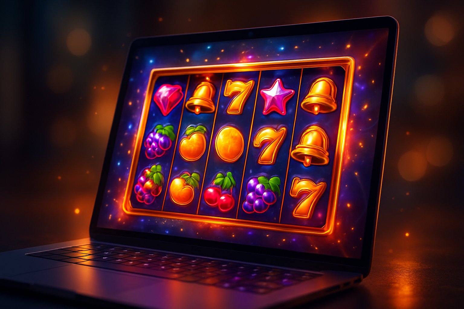 Layar komputer menampilkan permainan slot online dengan grafik warna-warni dan simbol yang menarik.