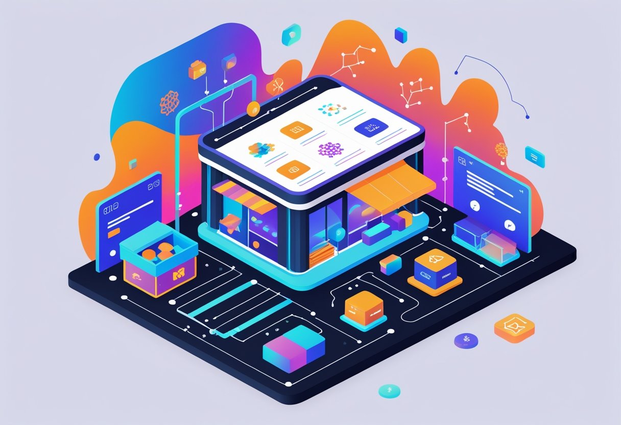 An isometric digital marketplace showing connections between AI systems and online shoppers, with shopping carts and product icons linked by glowing data pathways.