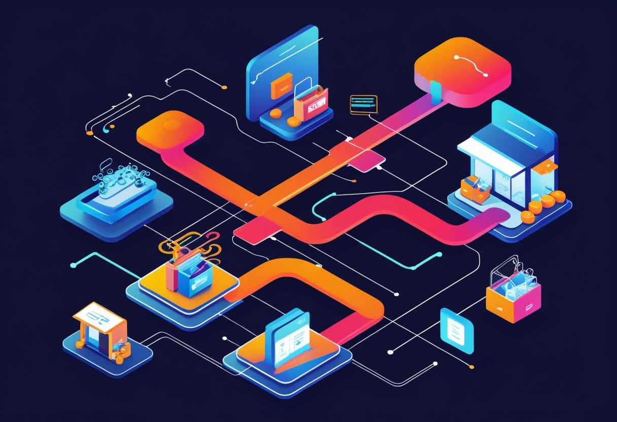 An isometric scene showing digital pathways connecting AI elements to eCommerce icons like shopping carts and packages, illustrating the flow from AI referrers to online buyers.