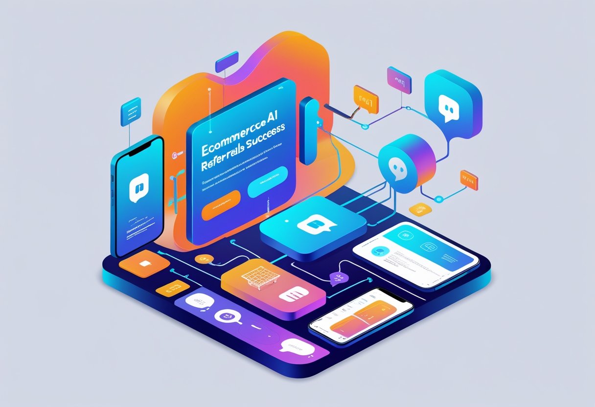 An isometric illustration showing interconnected icons of online shopping, AI referral networks, and digital devices representing the relationship between eCommerce and AI-driven referrals.