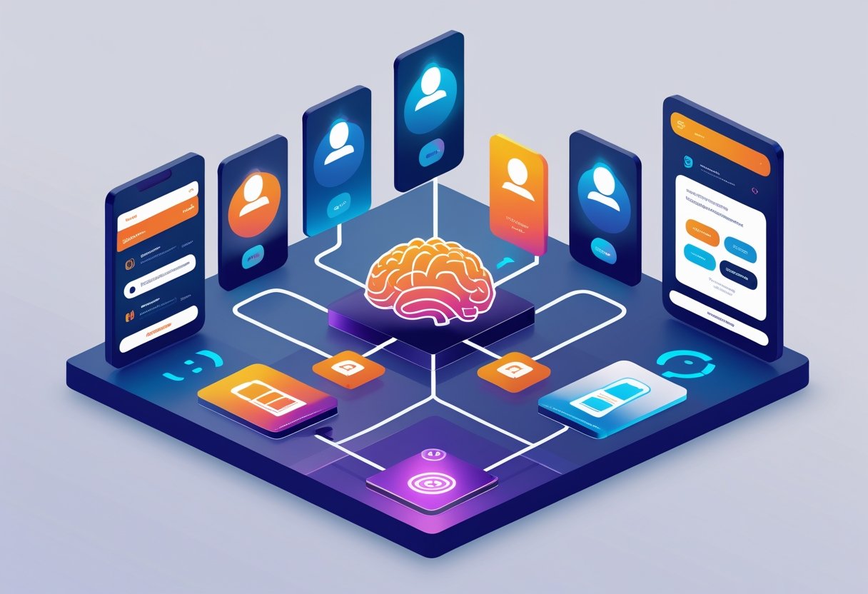 An isometric illustration showing AI technology connected to shopping carts and user profiles, representing AI-driven referrals influencing eCommerce buyers.