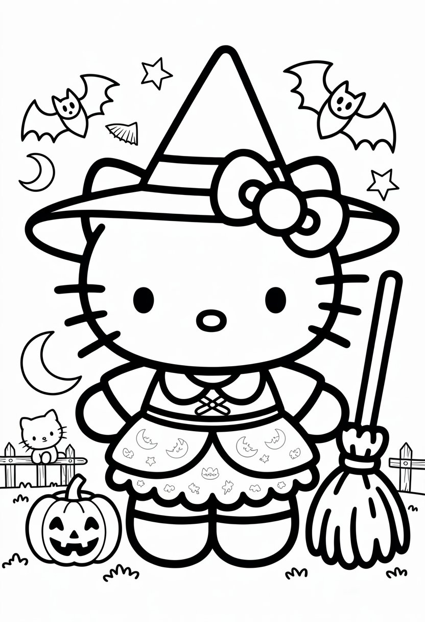 Hello Kitty dressed as a witch standing next to a broomstick and a jack-o'-lantern, surrounded by bats, a black cat, and autumn leaves.