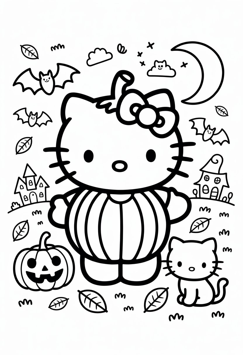 Hello Kitty wearing a pumpkin costume surrounded by Halloween decorations including a jack-o'-lantern, bats, a crescent moon, autumn leaves, a black cat, and a haunted house.