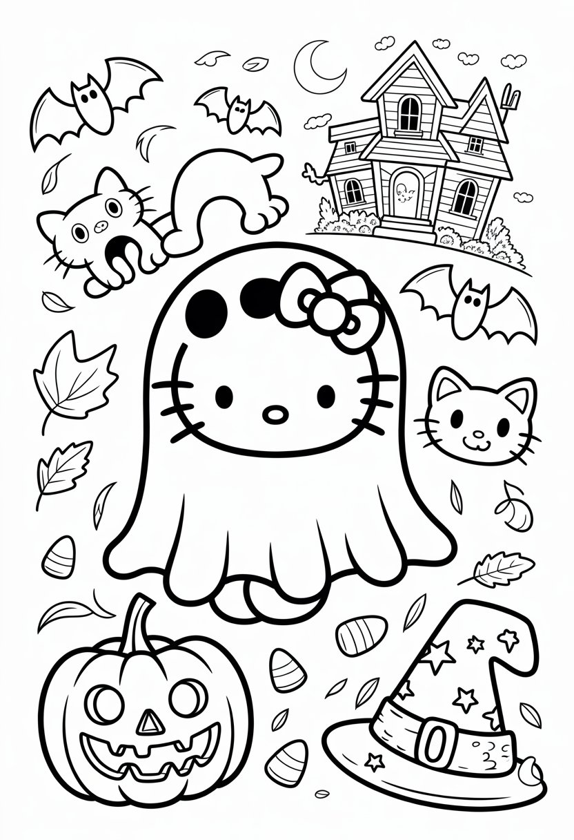 Hello Kitty wearing a ghost costume surrounded by Halloween elements including a pumpkin, black cat, haunted house, bats, witch's hat, candy corn, and autumn leaves.