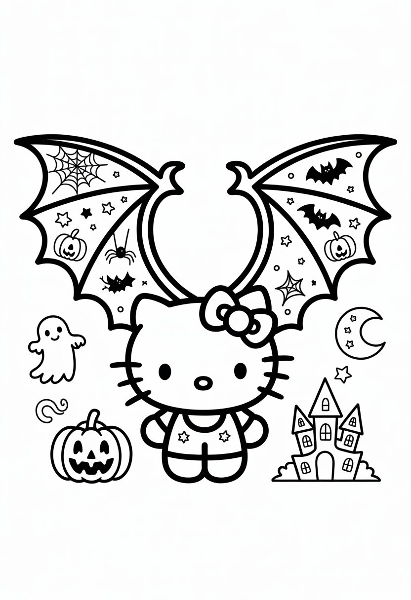 Hello Kitty with bat wings surrounded by Halloween elements including a jack-o'-lantern, ghost, black cat, haunted house, and crescent moon.