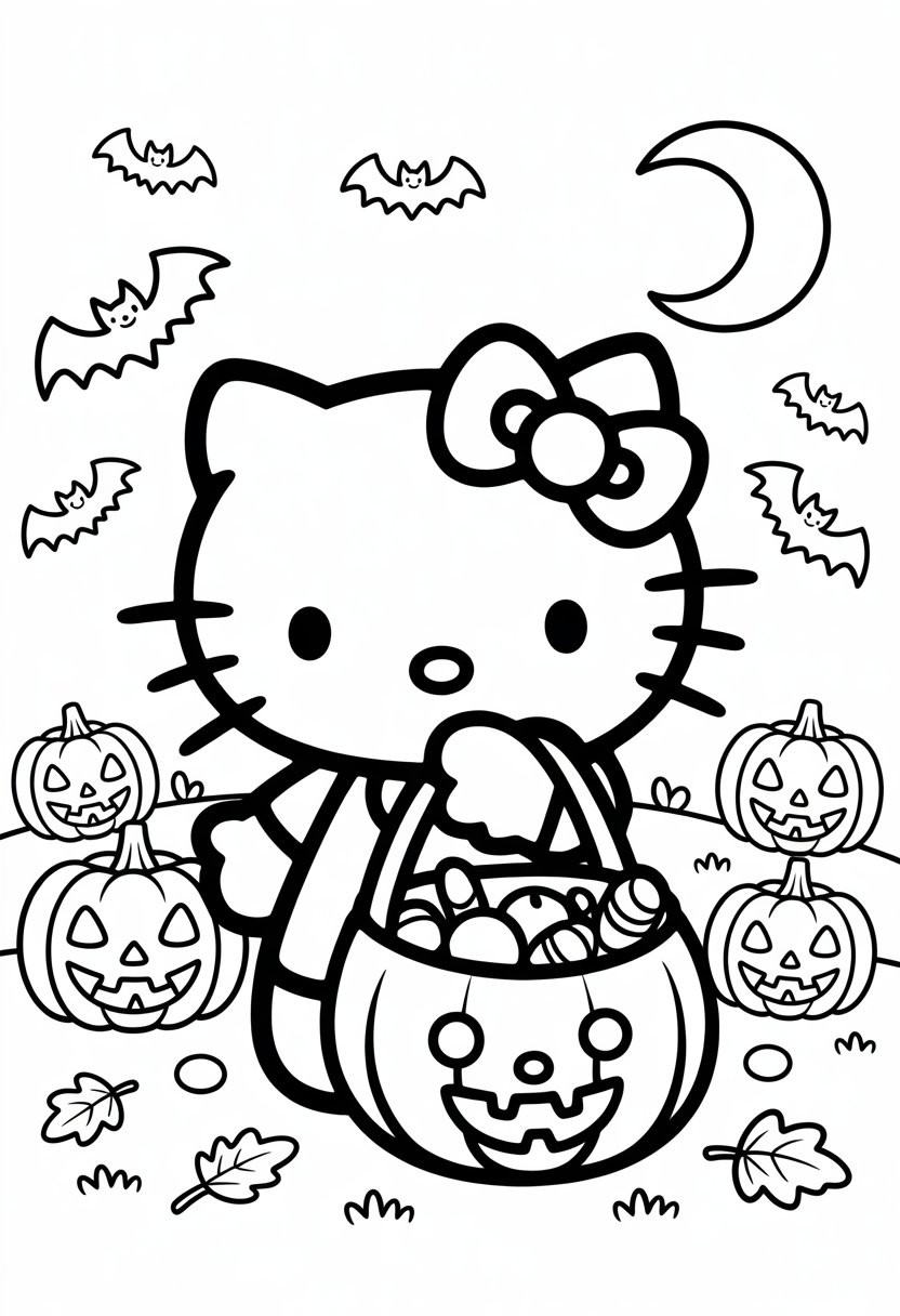 Hello Kitty dressed in a Halloween costume holding a trick-or-treat bag surrounded by jack-o'-lanterns, bats, a crescent moon, and autumn leaves.