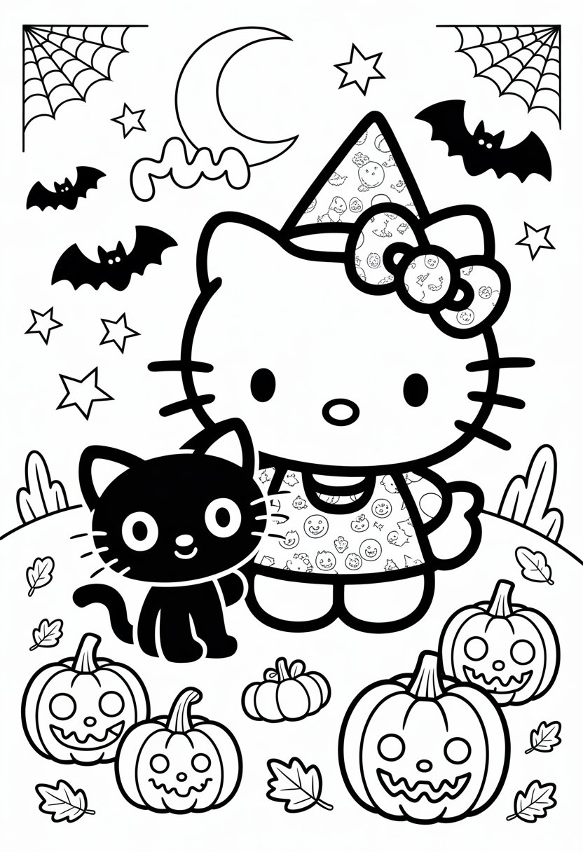 Hello Kitty wearing a witch hat standing next to a black cat surrounded by pumpkins, bats, a crescent moon, spider webs, and autumn leaves.