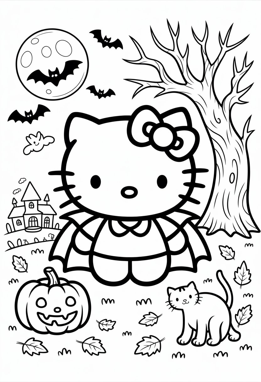 Hello Kitty wearing a vampire costume surrounded by a carved pumpkin, full moon with bats, spooky tree, haunted house, black cat, and autumn leaves.