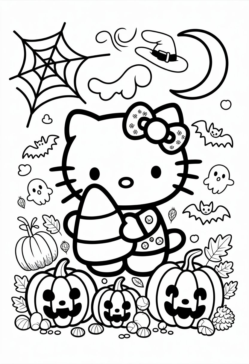 Hello Kitty holding a large candy corn surrounded by pumpkins, bats, spider webs, autumn leaves, small ghosts, and a crescent moon.