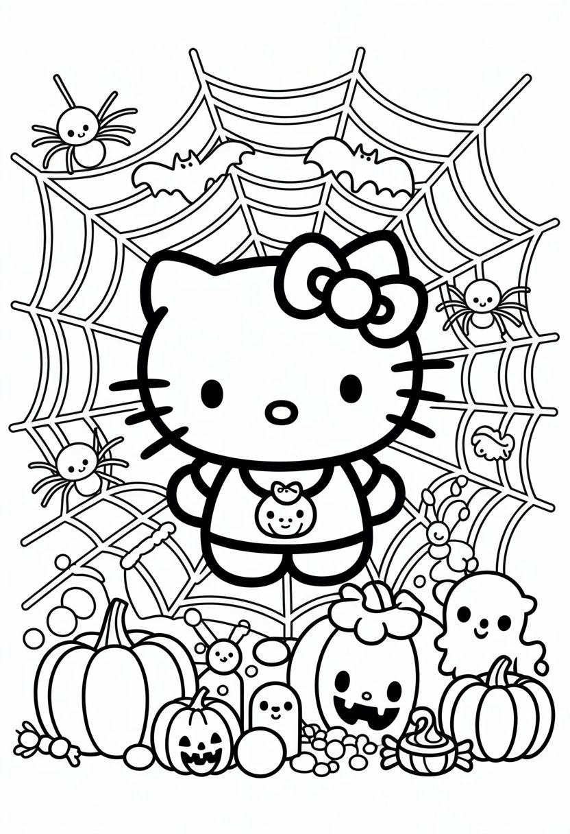 Hello Kitty wearing a Halloween costume surrounded by a spider web decorated with spiders, bats, pumpkins, candy, and ghosts.