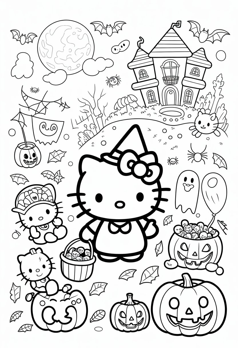 Hello Kitty dressed as a witch at a Halloween party with pumpkins, bats, ghosts, candy, black cats, and a haunted house under a full moon.