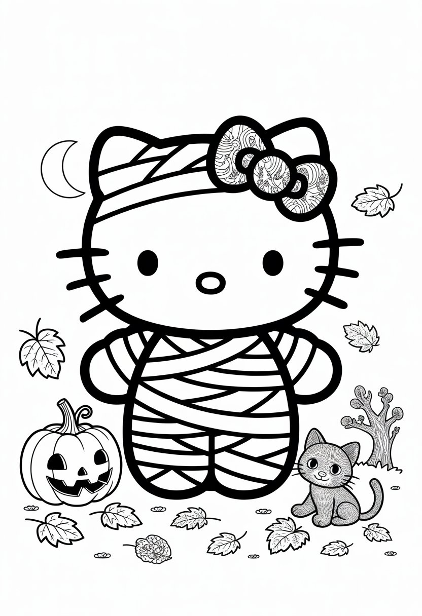 Hello Kitty wearing a mummy costume surrounded by a pumpkin, a black cat, a crescent moon, and autumn leaves.