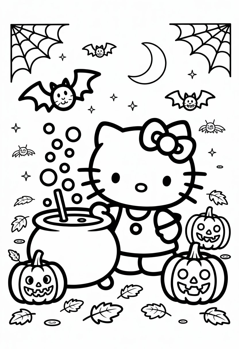 Hello Kitty wearing a Halloween costume stands beside a bubbling cauldron surrounded by pumpkins, bats, a crescent moon, spider webs, and autumn leaves.