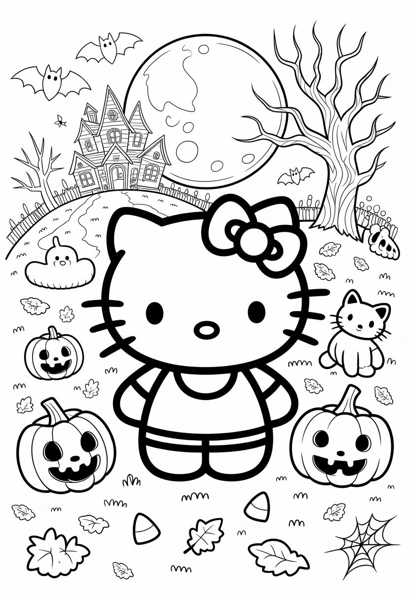 Hello Kitty wearing a Halloween costume standing under a full moon at night, surrounded by pumpkins, bats, a haunted house, leafless trees, a black cat, candy corn, and spider webs.
