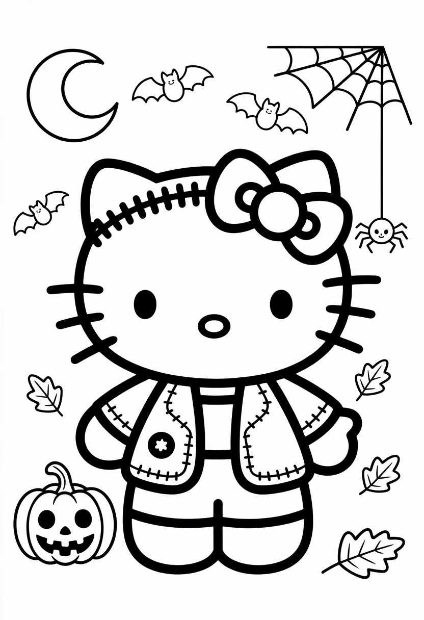 Hello Kitty wearing a Frankenstein costume surrounded by a pumpkin, bats, a crescent moon, a spider on a web, and autumn leaves.