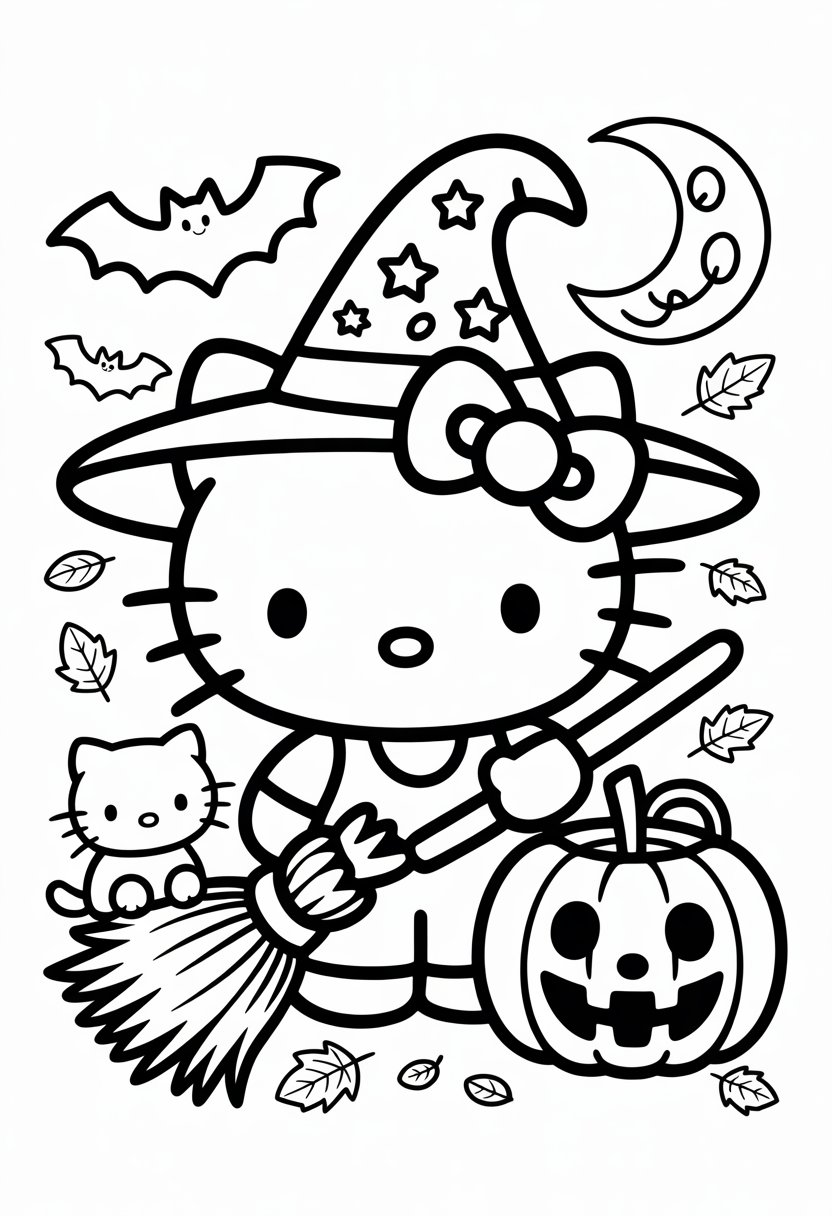 Hello Kitty wearing a witch hat and holding a broomstick surrounded by a jack-o'-lantern, bats, a black cat, a crescent moon, and autumn leaves.