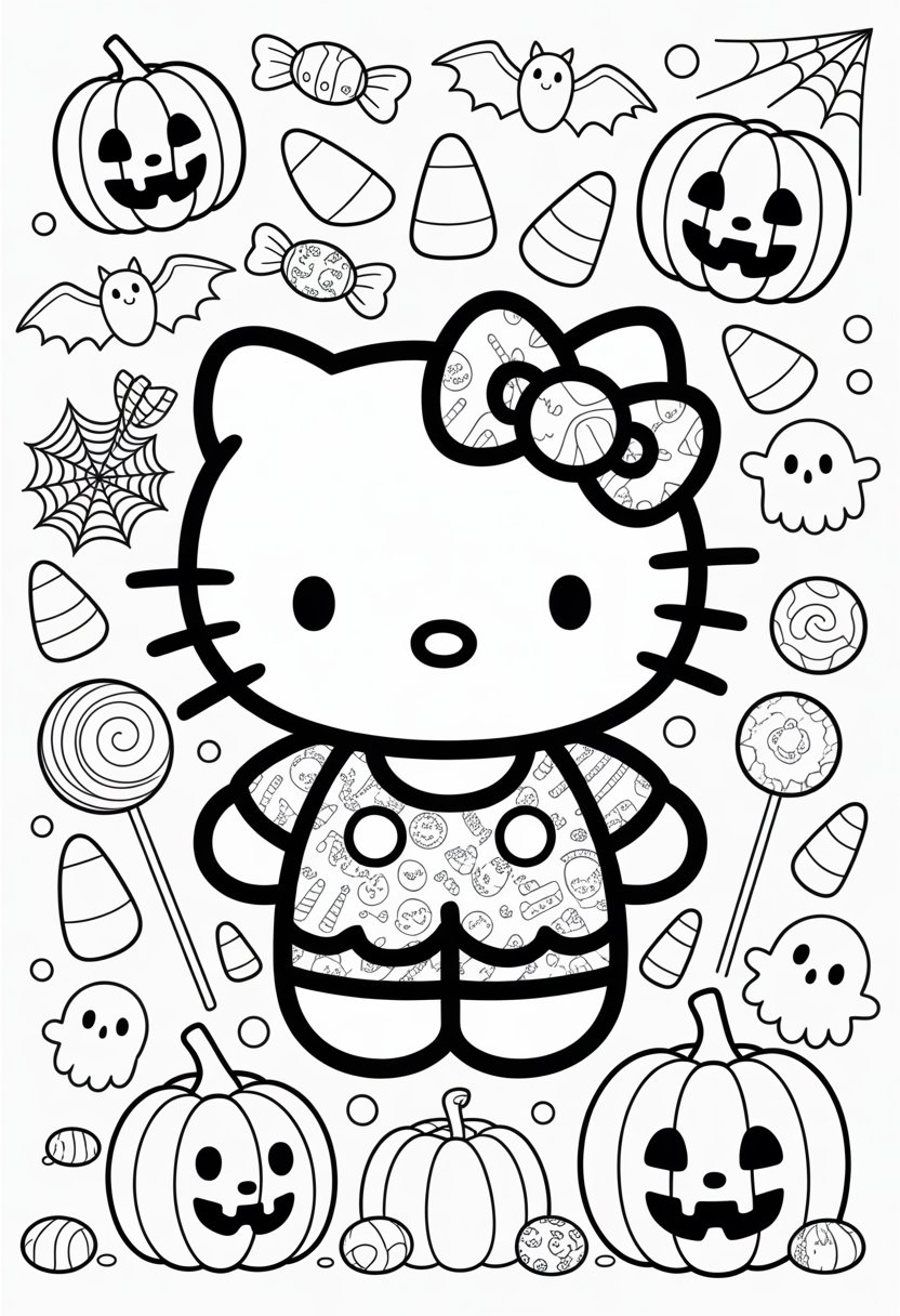 Hello Kitty dressed in a Halloween costume surrounded by various Halloween candies, pumpkins, bats, spider webs, and small ghosts.
