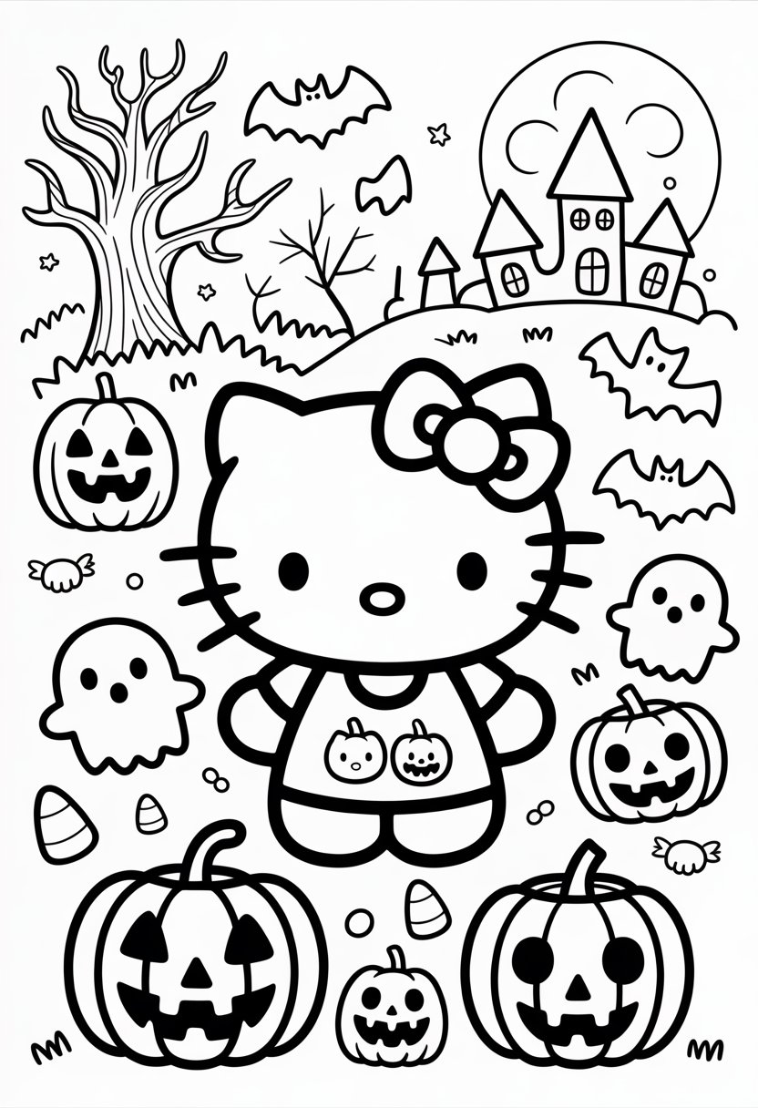 Hello Kitty dressed in a Halloween costume surrounded by pumpkins, bats, ghosts, candy, spooky trees, and a haunted house.