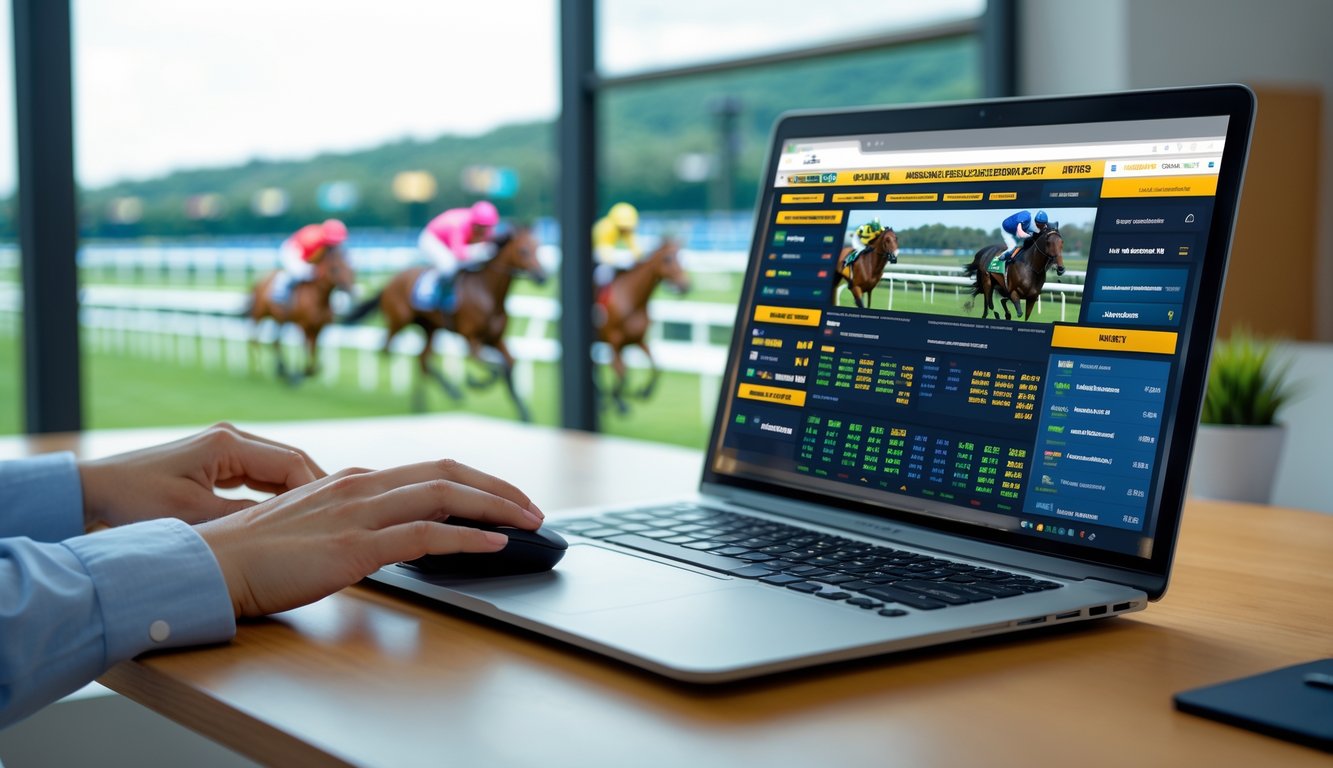 Seseorang menggunakan laptop untuk memasang taruhan balap kuda online dengan layar menampilkan situs taruhan dan latar belakang layar besar menunjukkan balapan kuda.