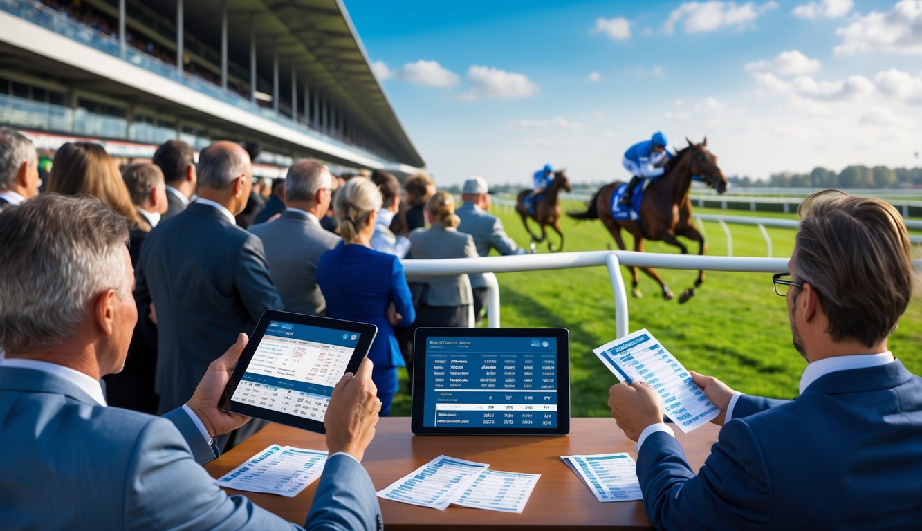 Orang-orang sedang menonton dan memasang taruhan pada balap kuda di arena balap.