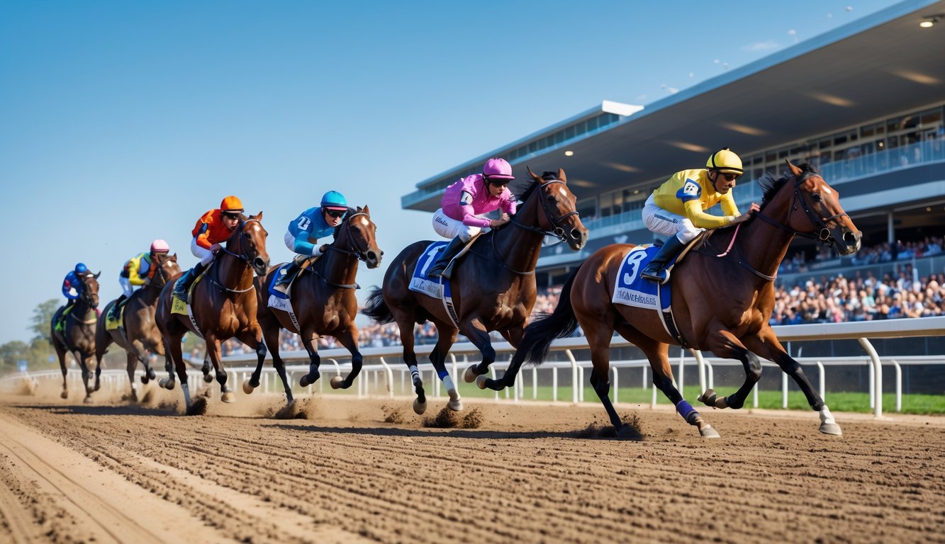 Balapan kuda dengan beberapa kuda dan joki yang sedang berlari cepat di lintasan balap dengan tribun penonton di latar belakang.