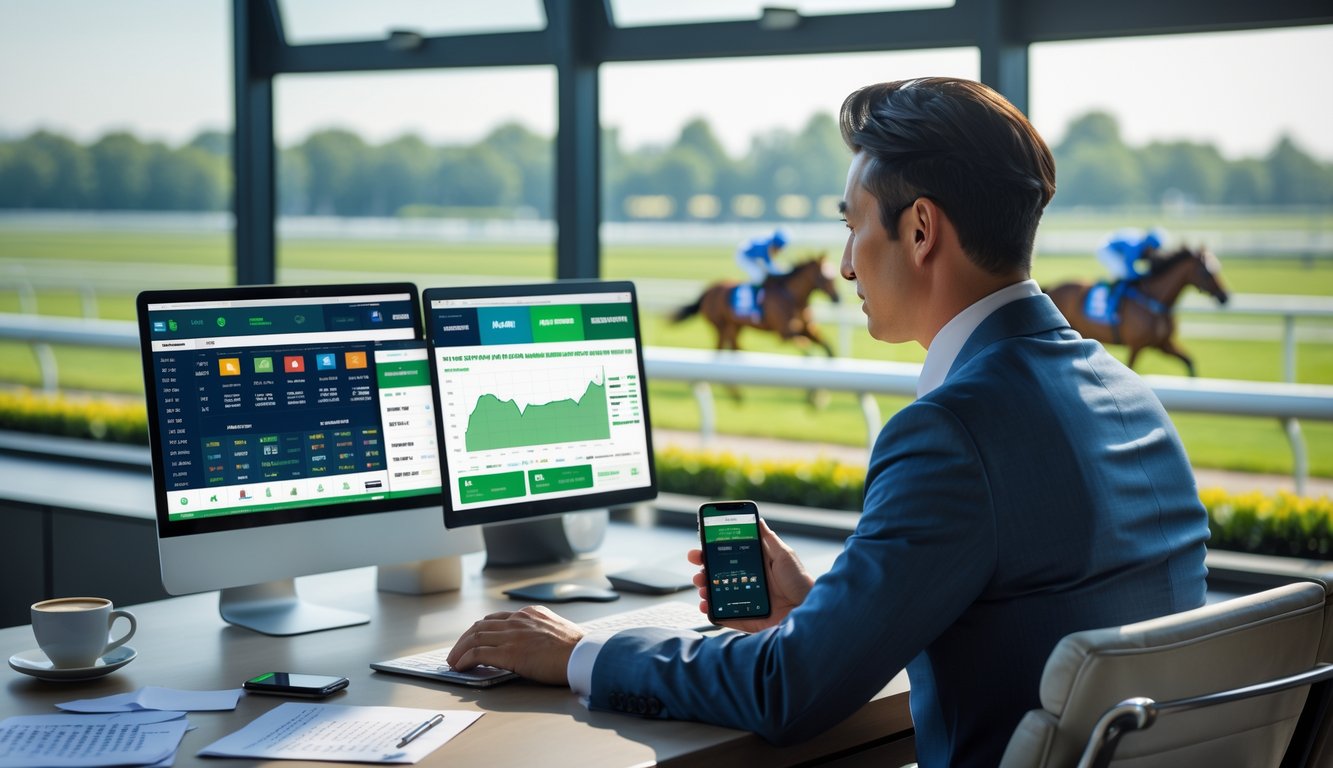Seseorang duduk di meja dengan laptop dan smartphone, melihat informasi tentang balap kuda di luar jendela.