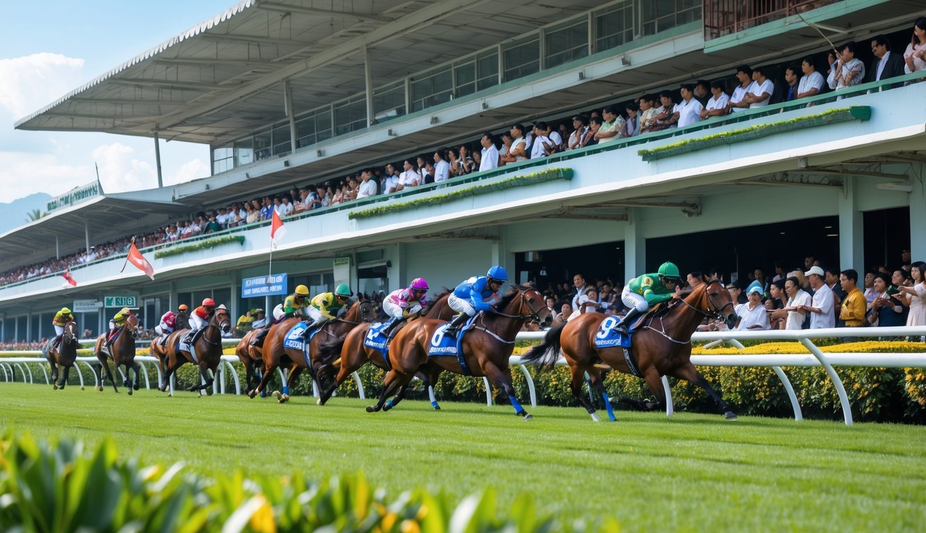 Suasana balap kuda resmi di Indonesia dengan kuda dan joki sedang berlomba di lintasan serta penonton yang antusias di tribun.