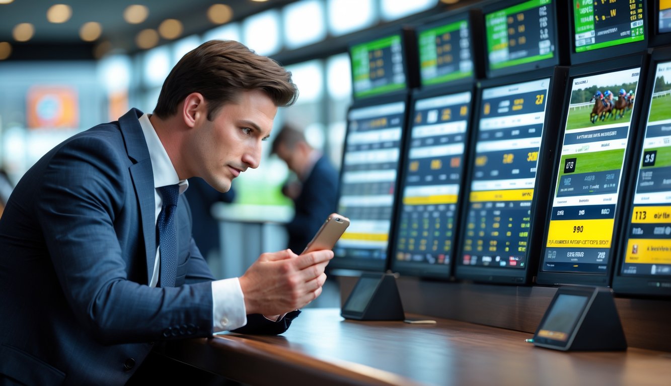 Seorang penjudi balap kuda sedang melihat layar dengan informasi odds tinggi di tempat taruhan balap kuda.