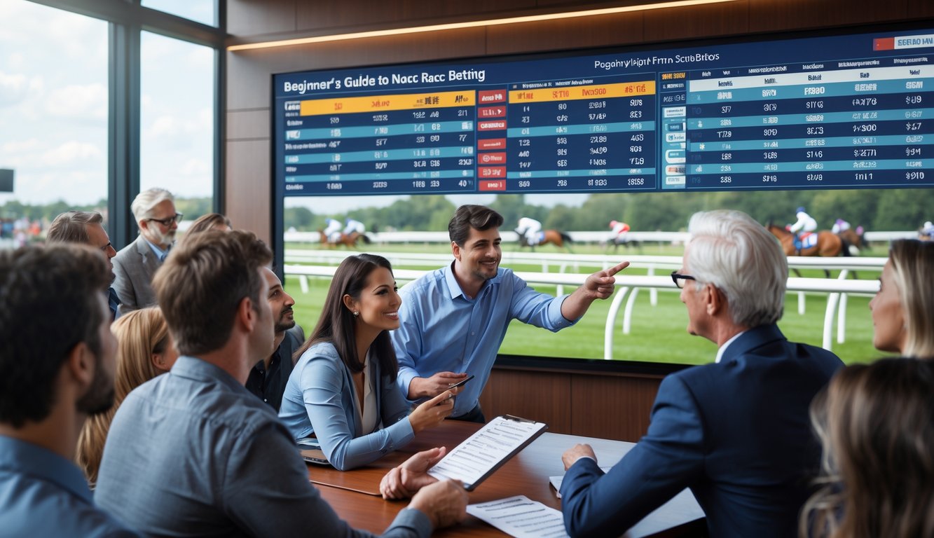 Sekelompok orang memperhatikan layar besar yang menampilkan peluang balap kuda, dengan seorang pemula memegang slip taruhan dan instruktur menjelaskan proses taruhan di latar depan, latar belakang menunjukkan lintasan balap dan kuda yang sedang berlari.