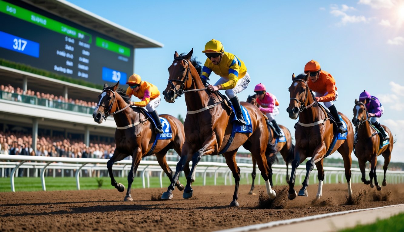 Beberapa kuda pacu dengan joki berwarna-warni sedang berlomba di lintasan dengan penonton di latar belakang.