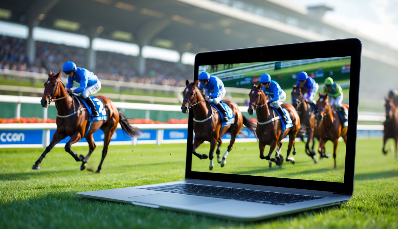 Beberapa kuda dan joki sedang berlomba di lintasan balap dengan layar perangkat digital menampilkan siaran langsung balap kuda.