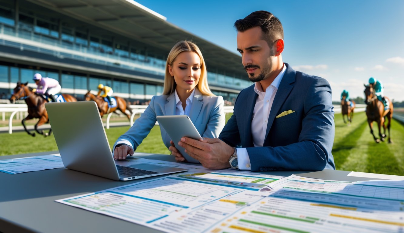 Dua orang sedang menganalisis data taruhan balap kuda di dekat lintasan balap dengan kuda dan joki yang berlomba di latar belakang.