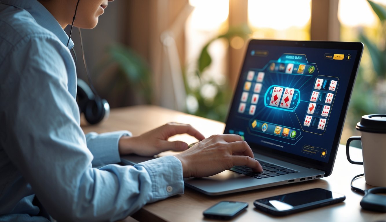 Seseorang sedang bermain permainan ceme online dengan mudah menggunakan laptop di ruang tamu yang nyaman.