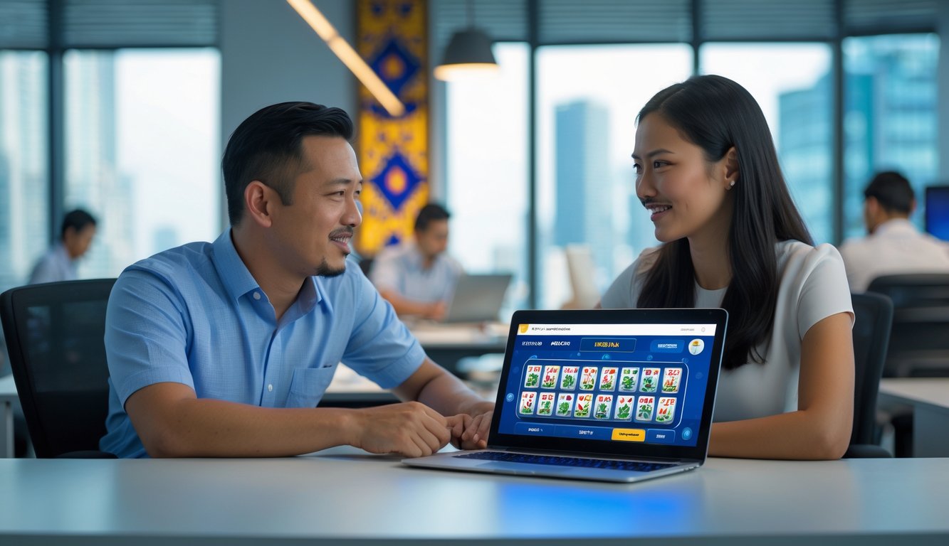 Seorang pria dan wanita Indonesia sedang berdiskusi di kantor modern dengan laptop yang menampilkan permainan kartu digital.