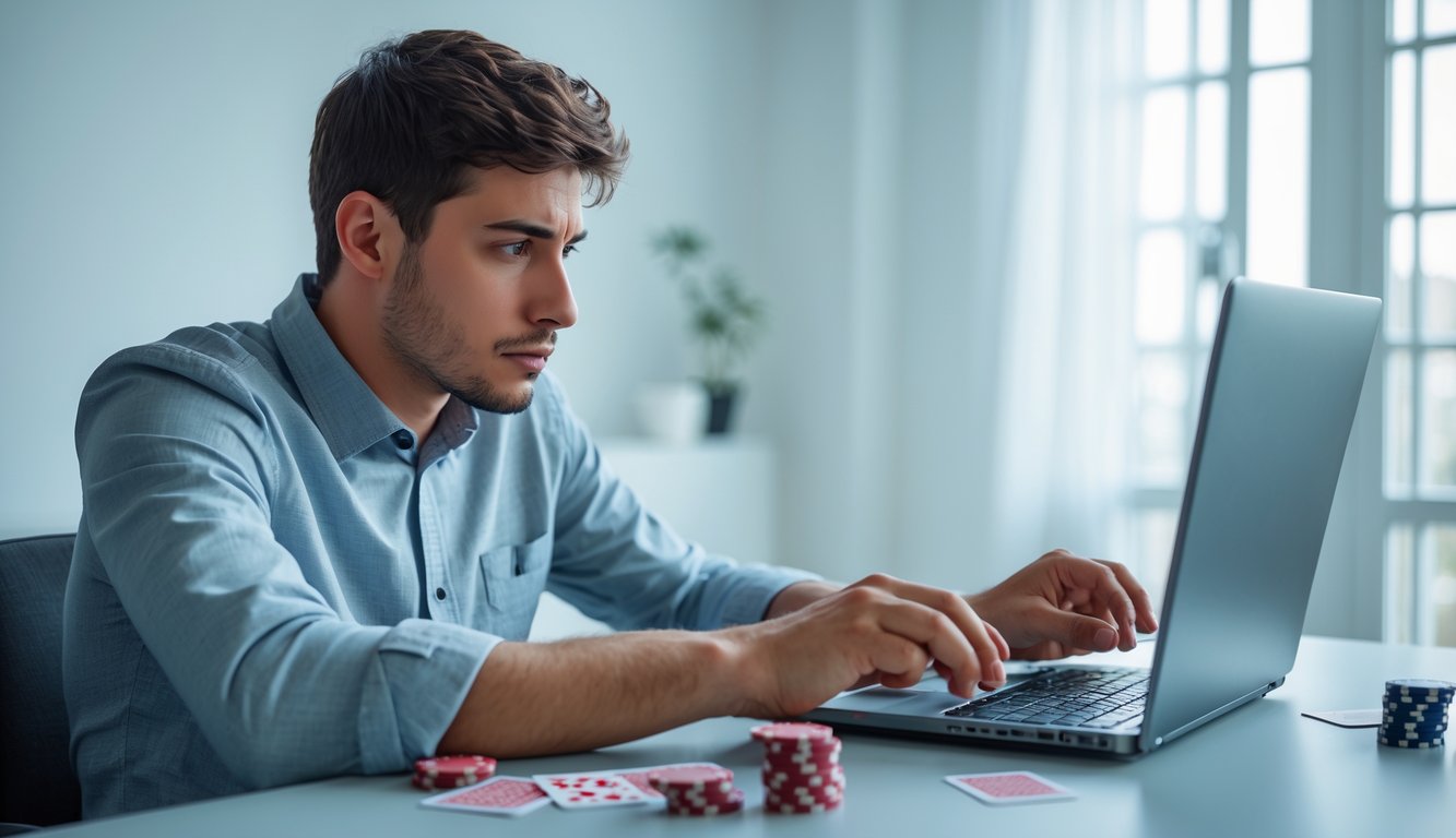 Seorang pria muda duduk di meja dengan laptop, bermain permainan kartu online dengan fokus.