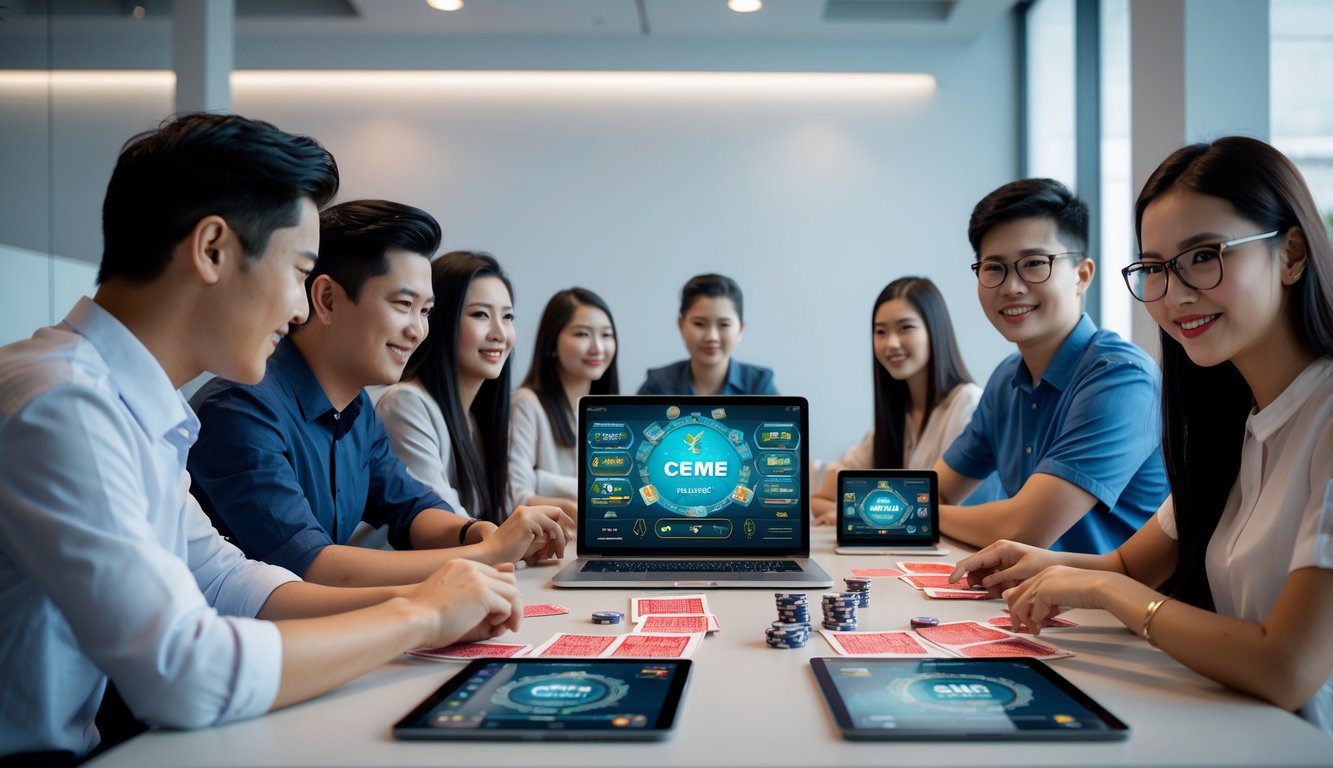 Sekelompok orang muda sedang bermain permainan kartu online di meja dengan perangkat digital dalam ruangan kantor modern.