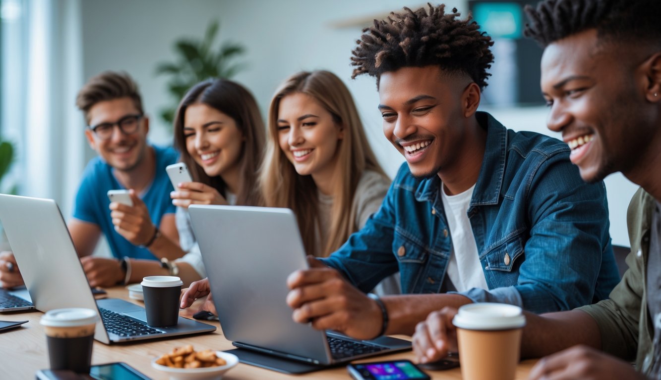 Sekelompok orang muda bermain permainan kartu online bersama di ruangan yang nyaman dan terang.