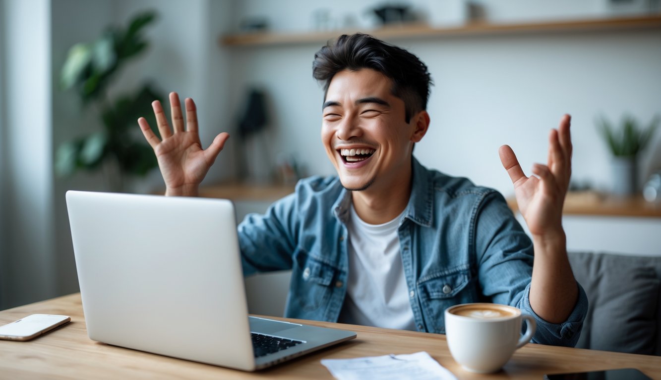 Seseorang muda yang sedang tersenyum dan merayakan kemenangan cepat saat bermain game online di laptop di dalam ruangan yang nyaman.