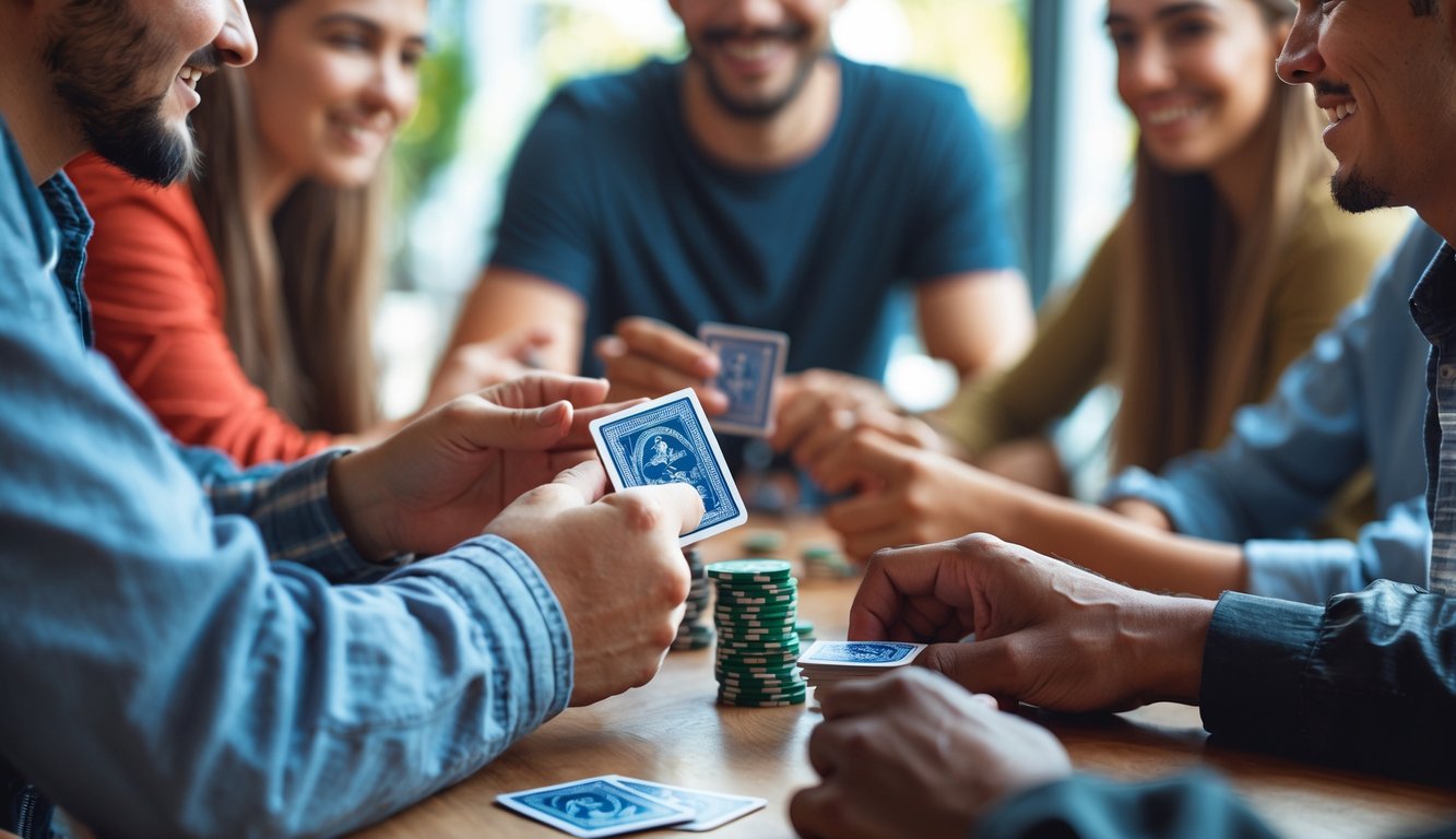 Sekelompok orang muda sedang bermain kartu dan memasang taruhan kecil di atas meja.
