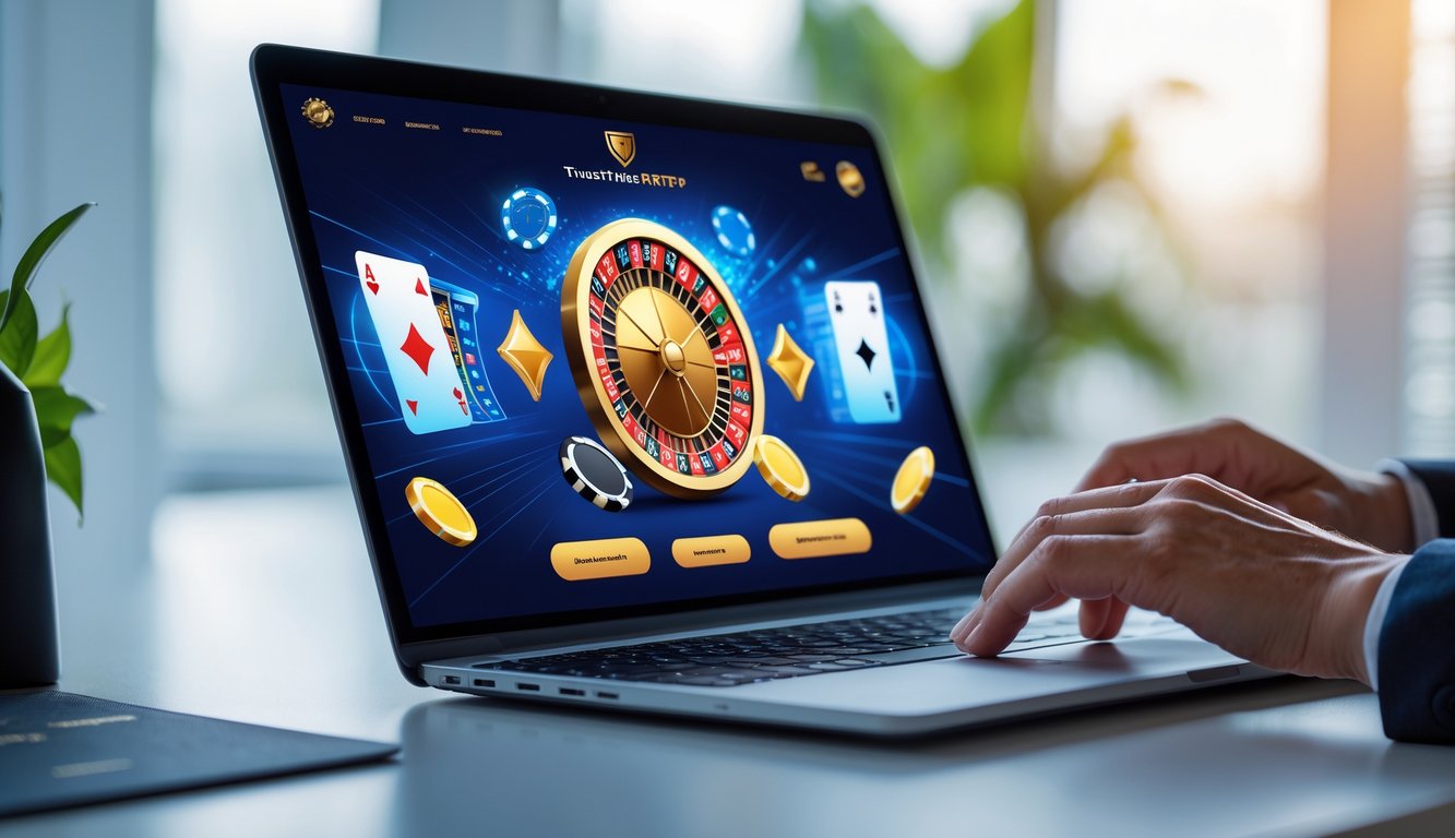 Seseorang menggunakan laptop dengan tampilan permainan kasino online yang modern dan terpercaya.