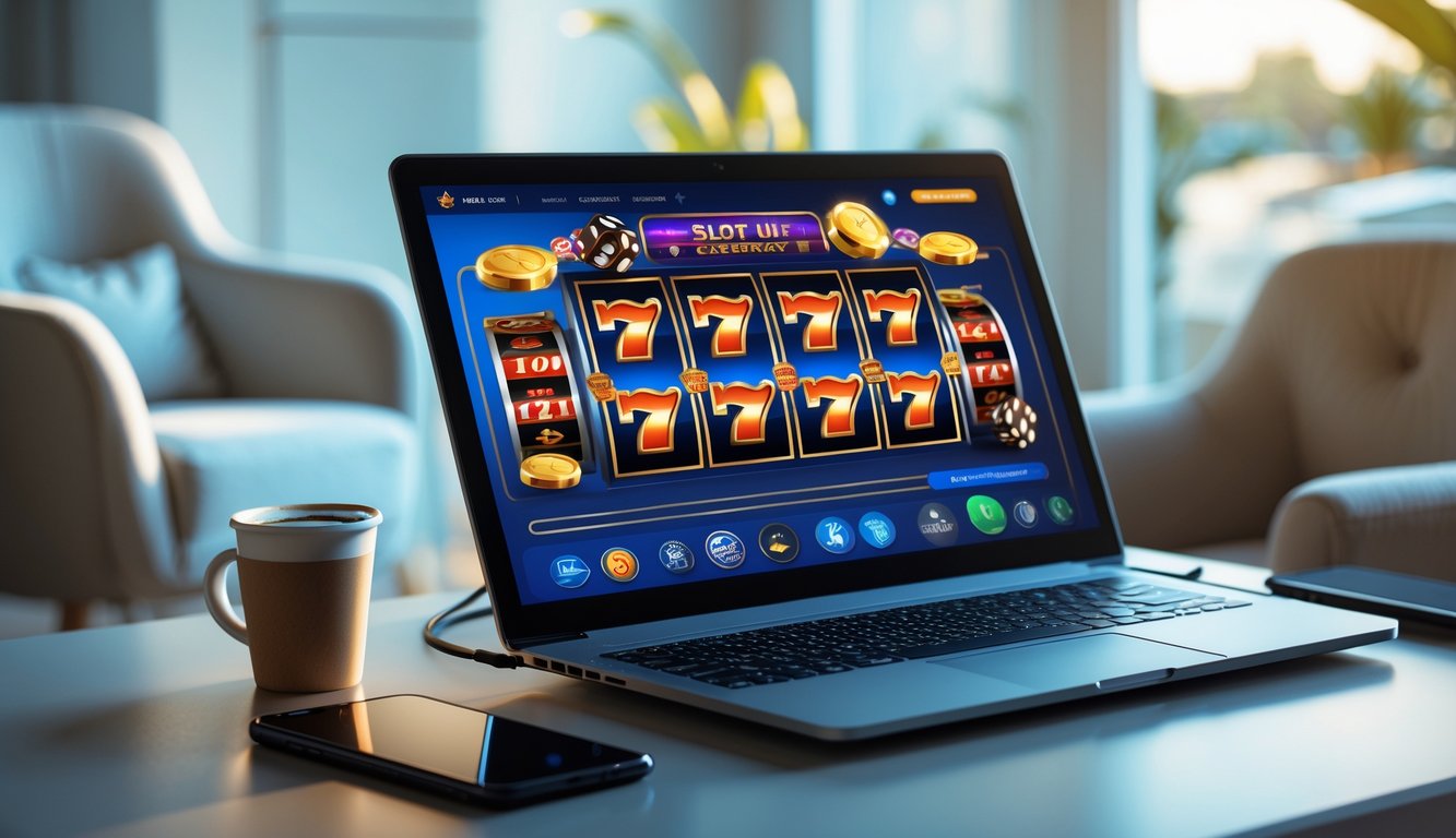 Seorang pengguna sedang bermain permainan slot online di komputer di ruang kerja yang rapi dan modern.