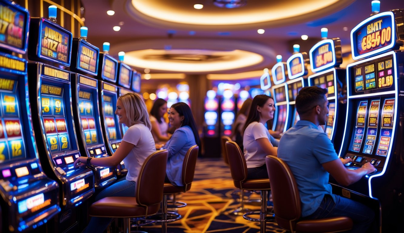 Orang-orang bermain mesin slot di kasino yang cerah dan ramai dengan suasana penuh semangat.