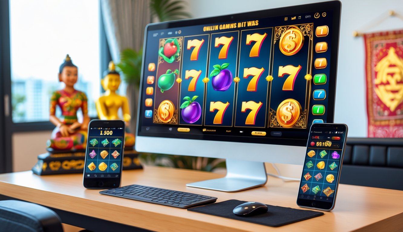 Meja kerja modern dengan komputer dan ponsel yang menampilkan permainan slot online berwarna cerah.
