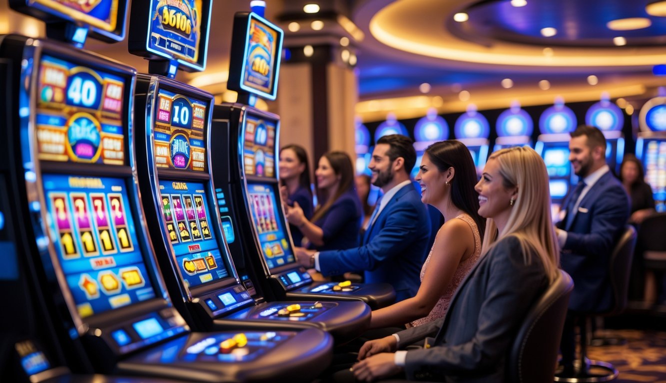 Suasana kasino modern dengan mesin slot berteknologi tinggi dan orang-orang yang sedang bermain dengan ekspresi antusias.