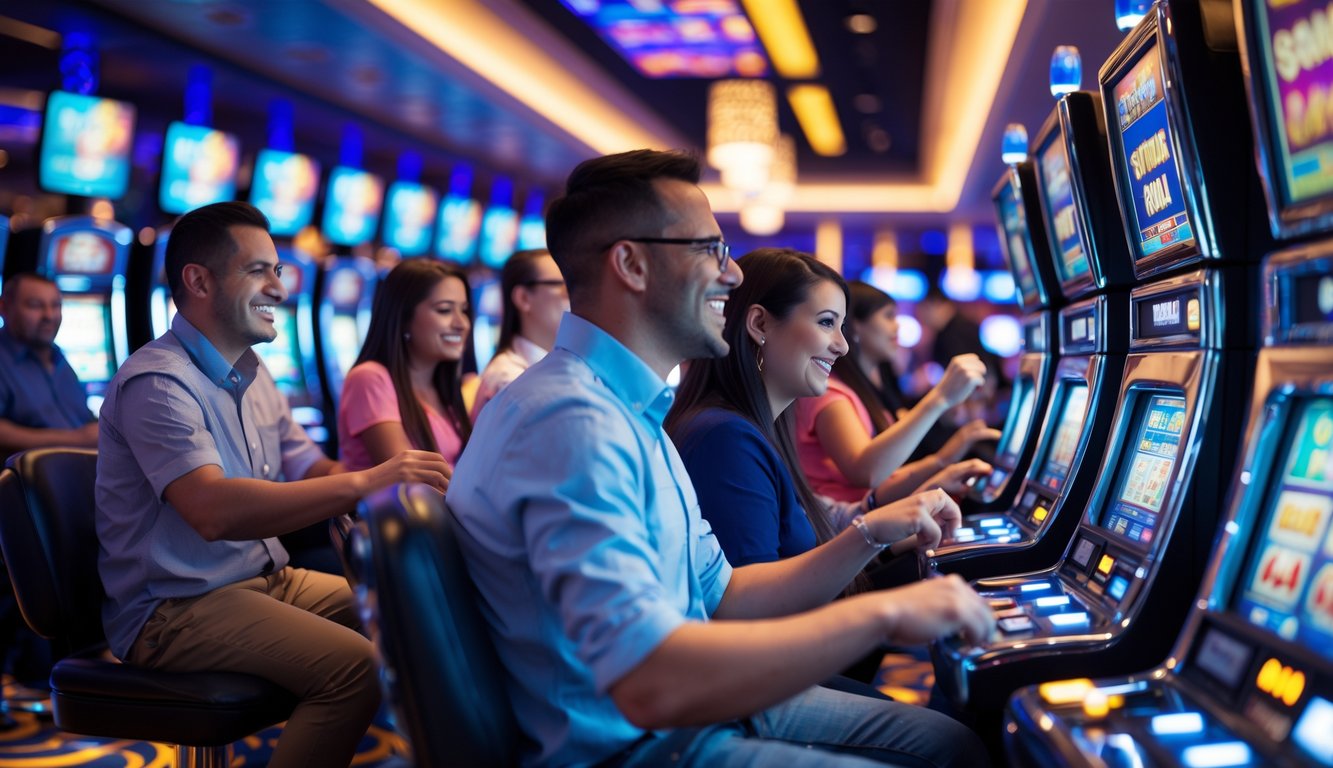 Beberapa orang sedang bermain mesin slot di dalam kasino yang ramai dan terang.