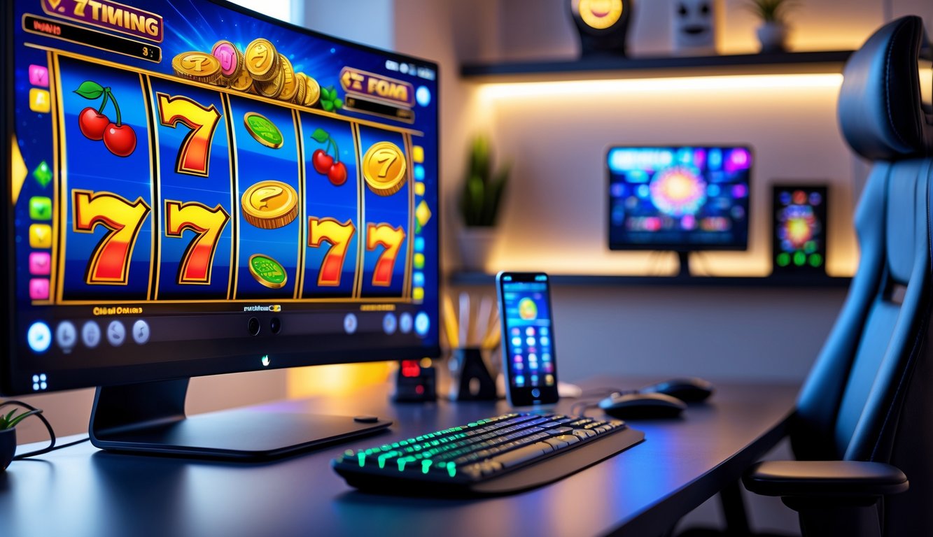 Sebuah ruang kerja modern dengan komputer yang menampilkan permainan slot online berwarna-warni.