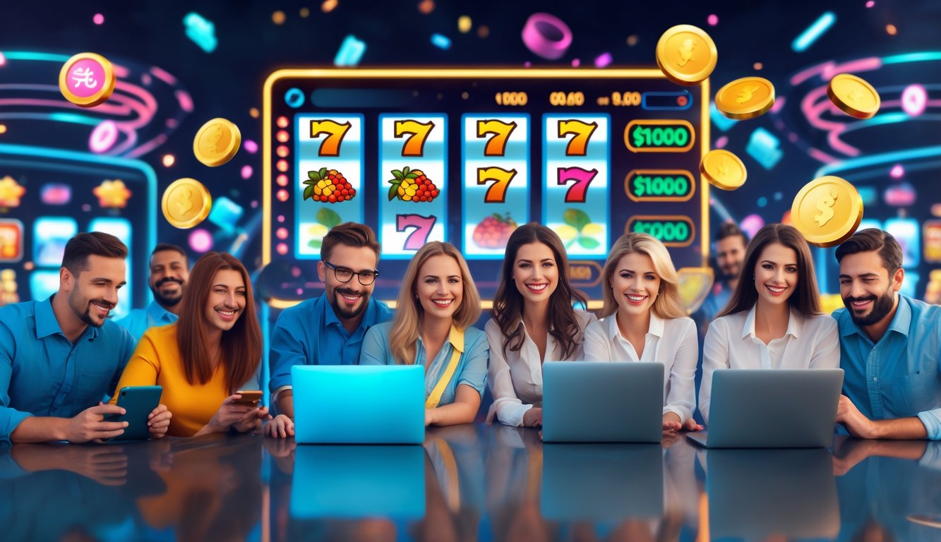 Orang-orang sedang bermain permainan slot online dengan ekspresi senang di lingkungan kasino digital yang cerah dan menarik.