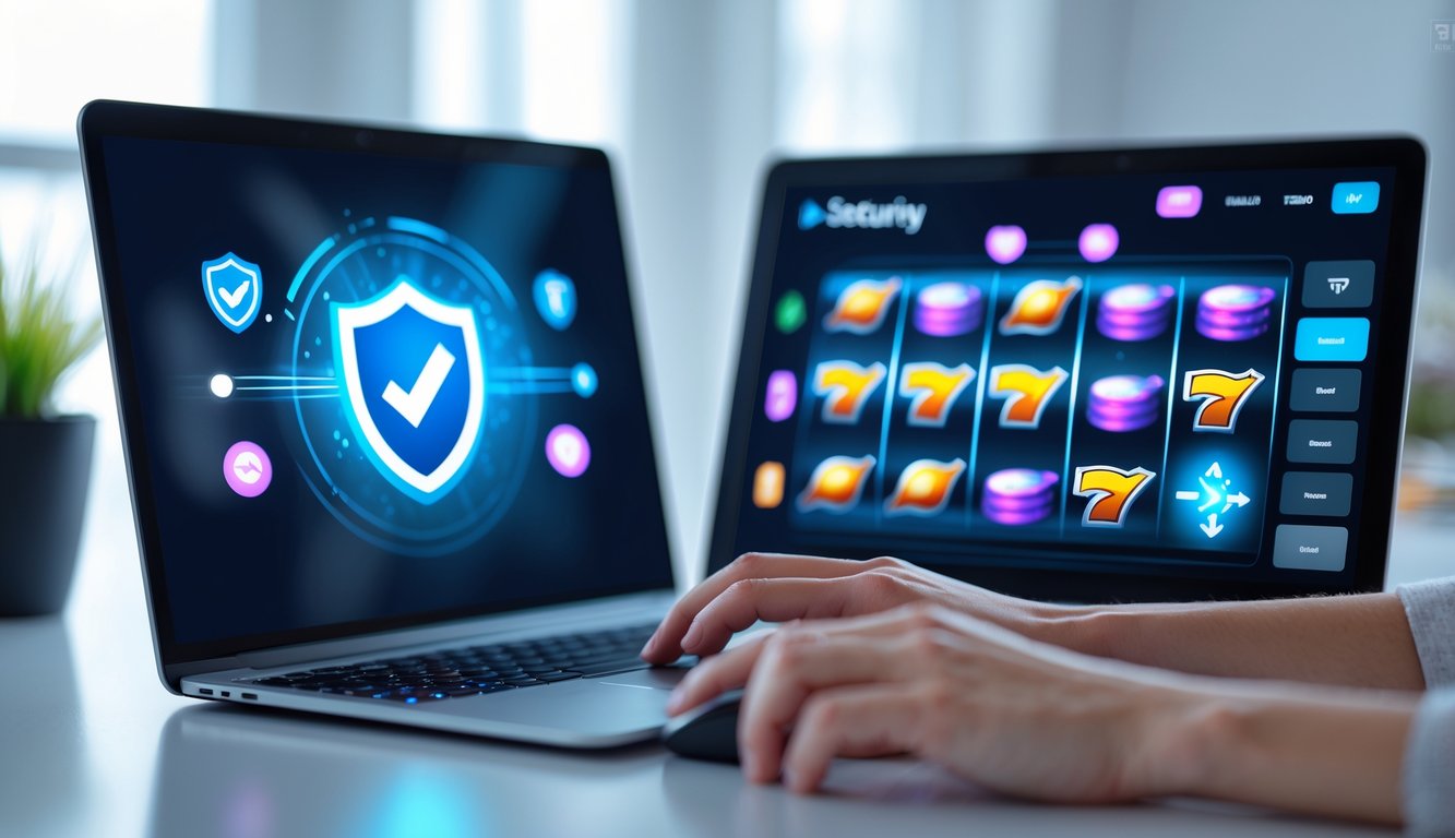 Tangan seseorang menggunakan laptop dengan permainan slot online yang berwarna-warni di layar, di meja kerja yang bersih dan terang.