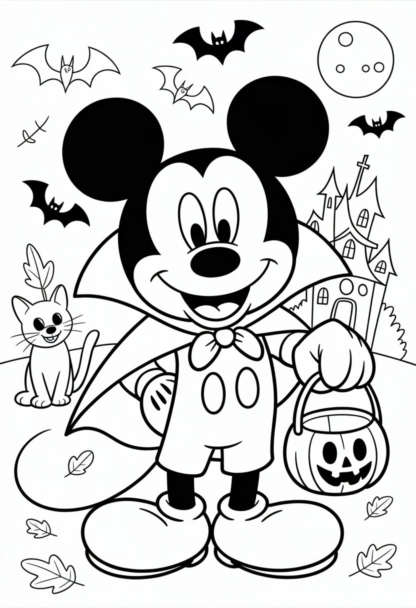 Halloween Coloring Pages Disney Featuring 20 Fun and Spooky Characters 21 Mickey Mouse dressed as a vampire holding a pumpkin bucket, surrounded by bats, a full moon, a haunted house, a black cat, and autumn leaves.